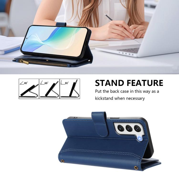 Magnetic Closure 9 Card Slots Zipper Leather Case with Hand Strap, For Samsung Galaxy S22+ 5G, For Samsung Galaxy S22 5G, For Samsung Galaxy S21 FE 5G, For Samsung Galaxy S21 5G, For Samsung Galaxy S21+ 5G, For Samsung Galaxy S21 Ultra 5G
