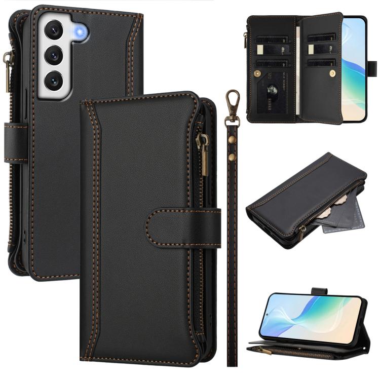 Magnetic Closure 9 Card Slots Zipper Leather Case with Hand Strap, For Samsung Galaxy S22+ 5G, For Samsung Galaxy S22 5G, For Samsung Galaxy S21 FE 5G, For Samsung Galaxy S21 5G, For Samsung Galaxy S21+ 5G, For Samsung Galaxy S21 Ultra 5G