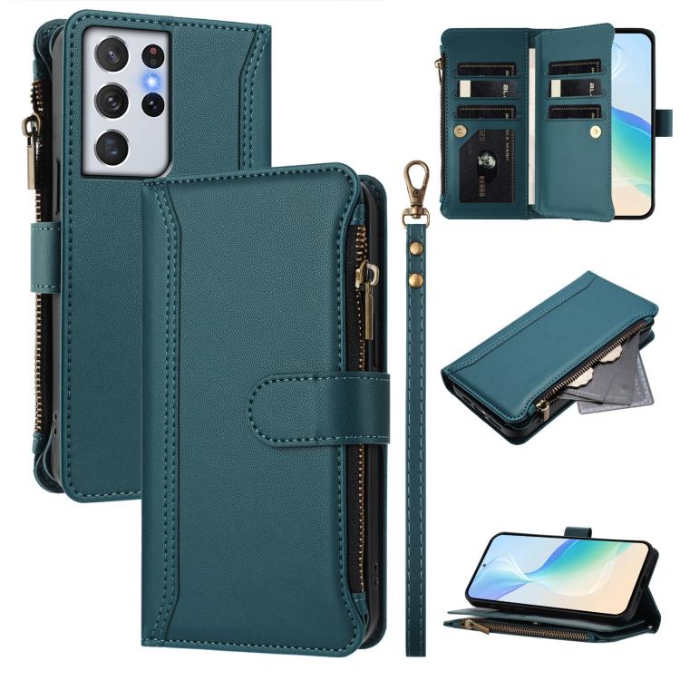 Magnetic Closure 9 Card Slots Zipper Leather Case with Hand Strap, For Samsung Galaxy S22+ 5G, For Samsung Galaxy S22 5G, For Samsung Galaxy S21 FE 5G, For Samsung Galaxy S21 5G, For Samsung Galaxy S21+ 5G, For Samsung Galaxy S21 Ultra 5G