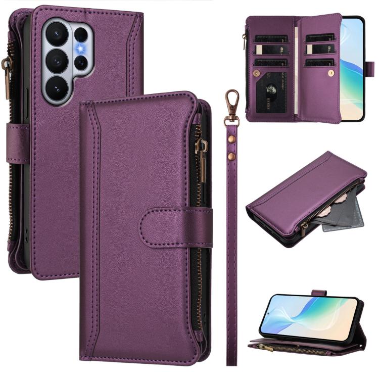Magnetic Closure 9 Card Slots Zipper Leather Case with Hand Strap, For Samsung Galaxy S26+ 5G, For Samsung Galaxy S26 Edge 5G, For Samsung Galaxy S26 Ultra 5G, For Samsung Galaxy S26 5G, For Samsung Galaxy S25 Edge 5G, For Samsung Galaxy S25 / S24 5G  ...