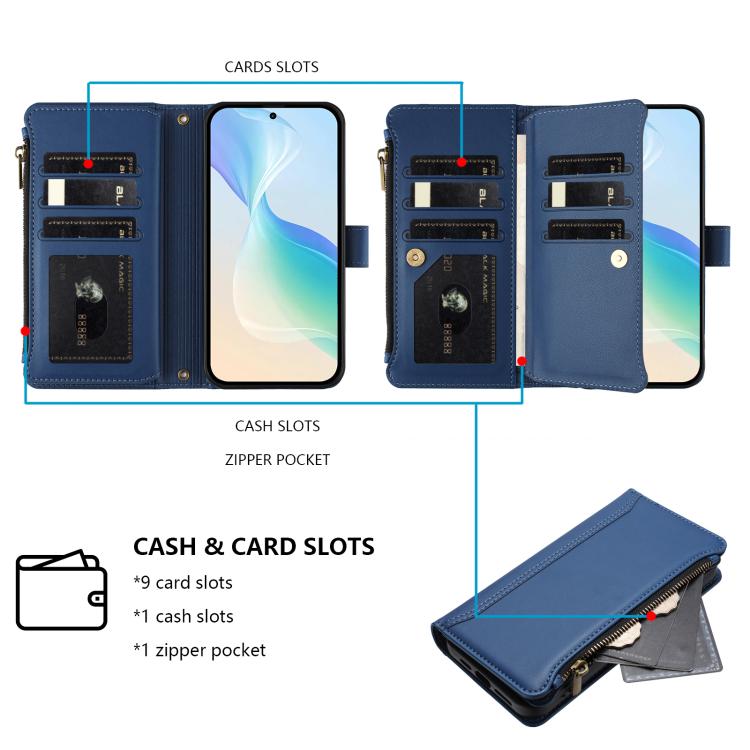 Magnetic Closure 9 Card Slots Zipper Leather Case with Hand Strap, For Samsung Galaxy S26+ 5G, For Samsung Galaxy S26 Edge 5G, For Samsung Galaxy S26 Ultra 5G, For Samsung Galaxy S26 5G, For Samsung Galaxy S25 Edge 5G, For Samsung Galaxy S25 / S24 5G  ...
