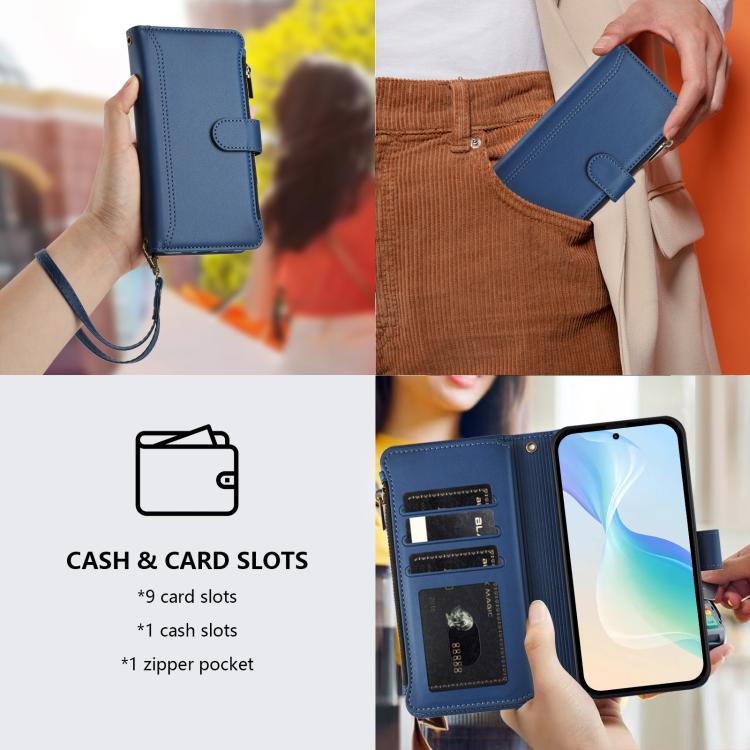 Magnetic Closure 9 Card Slots Zipper Leather Case with Hand Strap, For Samsung Galaxy S26+ 5G, For Samsung Galaxy S26 Edge 5G, For Samsung Galaxy S26 Ultra 5G, For Samsung Galaxy S26 5G, For Samsung Galaxy S25 Edge 5G, For Samsung Galaxy S25 / S24 5G  ...