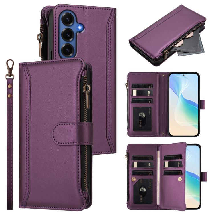 Magnetic Closure 9 Card Slots Zipper Leather Case with Hand Strap, For Samsung Galaxy S26+ 5G, For Samsung Galaxy S26 Edge 5G, For Samsung Galaxy S26 Ultra 5G, For Samsung Galaxy S26 5G, For Samsung Galaxy S25 Edge 5G, For Samsung Galaxy S25 / S24 5G  ...