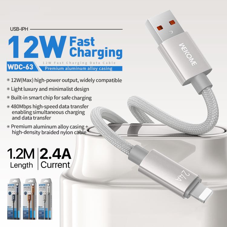 WK WDC-63i 12W USB to 8 Pin Fast Charging Data Cable, Length: 1.2m