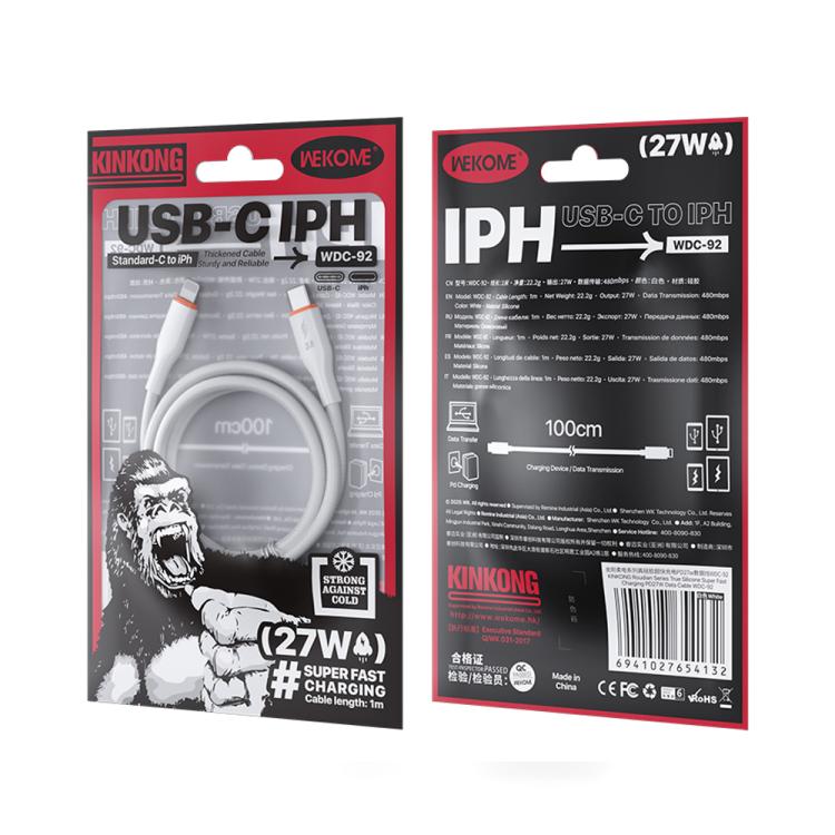 WK WDC-92 PD27W Type-C to 8 Pin Silicone Data Cable, Length: 1.2m