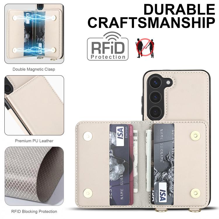Crossbody Dual-buckle Wallet RFID Back Leather Phone Case, For Samsung Galaxy S23+ 5G, For Samsung Galaxy S23 5G, For Samsung Galaxy S22 Ultra 5G, For Samsung Galaxy S22+ 5G, For Samsung Galaxy S22 5G, For Samsung Galaxy S21 FE 5G
