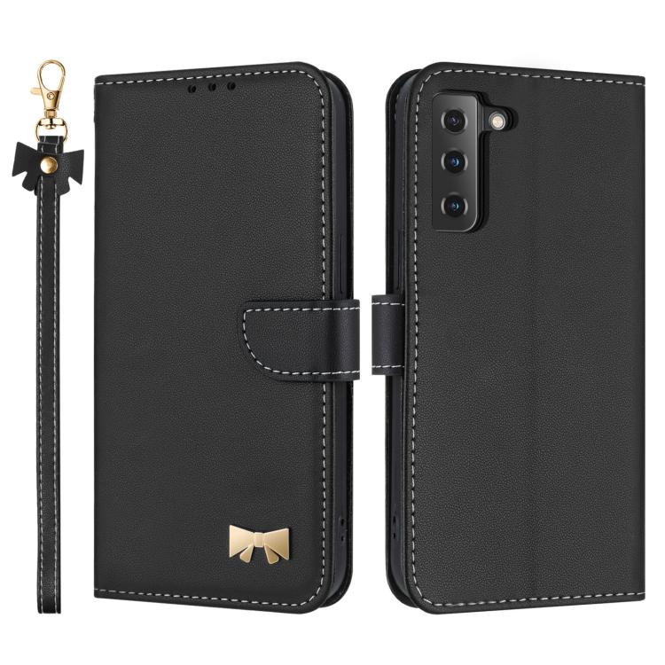 Metal Bow Leather Phone Case with Hand Strap, For Samsung Galaxy S22+ 5G, For Samsung Galaxy S22 5G