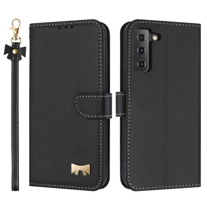 Metal Bow Leather Phone Case with Hand Strap, For Samsung Galaxy S22+ 5G, For Samsung Galaxy S22 5G