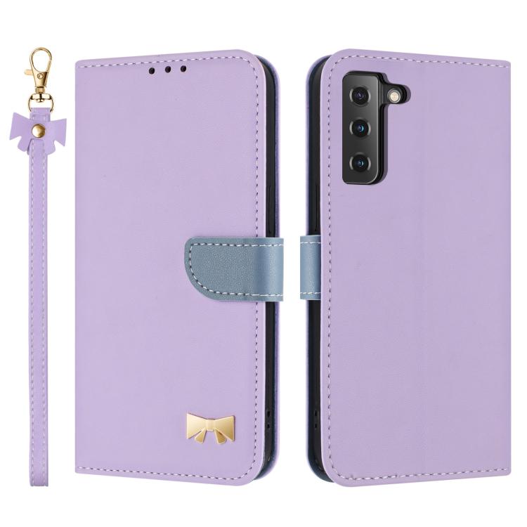 Metal Bow Leather Phone Case with Hand Strap, For Samsung Galaxy S22+ 5G, For Samsung Galaxy S22 5G