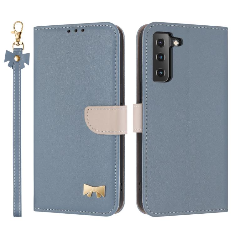 Metal Bow Leather Phone Case with Hand Strap, For Samsung Galaxy S22+ 5G, For Samsung Galaxy S22 5G