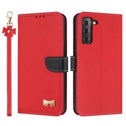 Metal Bow Leather Phone Case with Hand Strap, For Samsung Galaxy S22+ 5G, For Samsung Galaxy S22 5G