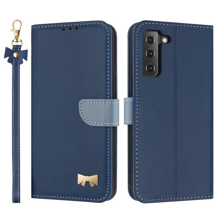 Metal Bow Leather Phone Case with Hand Strap, For Samsung Galaxy S22+ 5G, For Samsung Galaxy S22 5G