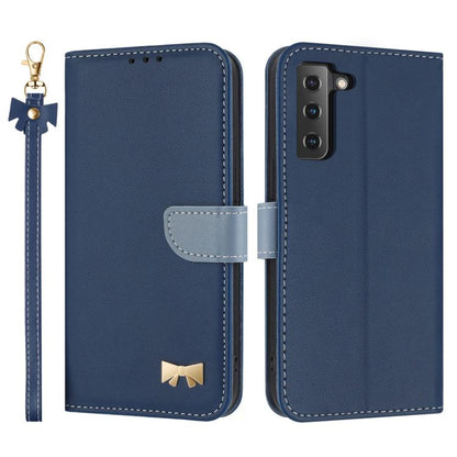 Metal Bow Leather Phone Case with Hand Strap, For Samsung Galaxy S22+ 5G, For Samsung Galaxy S22 5G