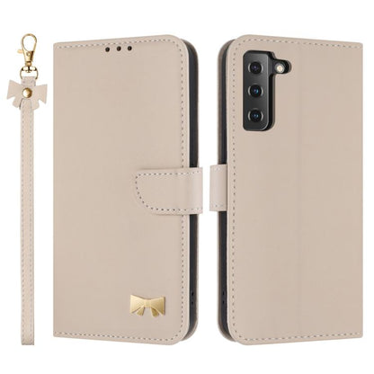 Metal Bow Leather Phone Case with Hand Strap, For Samsung Galaxy S22+ 5G, For Samsung Galaxy S22 5G