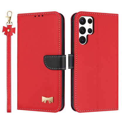 Metal Bow Leather Phone Case with Hand Strap, For Samsung Galaxy S25 Ultra 5G, For Samsung Galaxy S24 FE 5G, For Samsung Galaxy S24 Ultra 5G, For Samsung Galaxy S23 FE 5G, For Samsung Galaxy S23 Ultra 5G, For Samsung Galaxy S23+ 5G                     ...