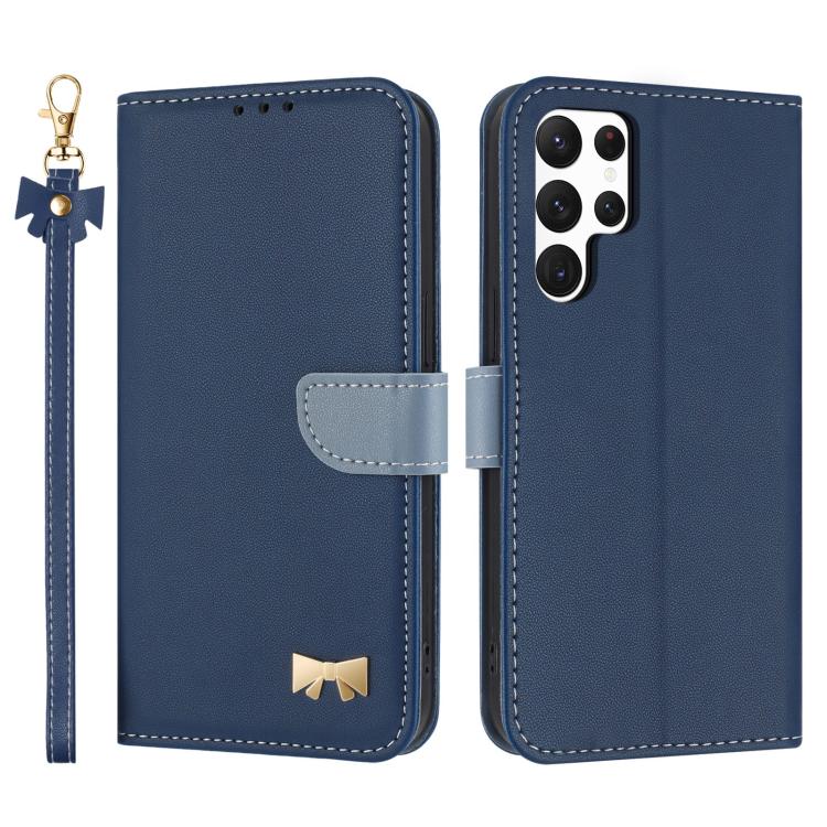 Metal Bow Leather Phone Case with Hand Strap, For Samsung Galaxy S25 Ultra 5G, For Samsung Galaxy S24 FE 5G, For Samsung Galaxy S24 Ultra 5G, For Samsung Galaxy S23 FE 5G, For Samsung Galaxy S23 Ultra 5G, For Samsung Galaxy S23+ 5G                     ...