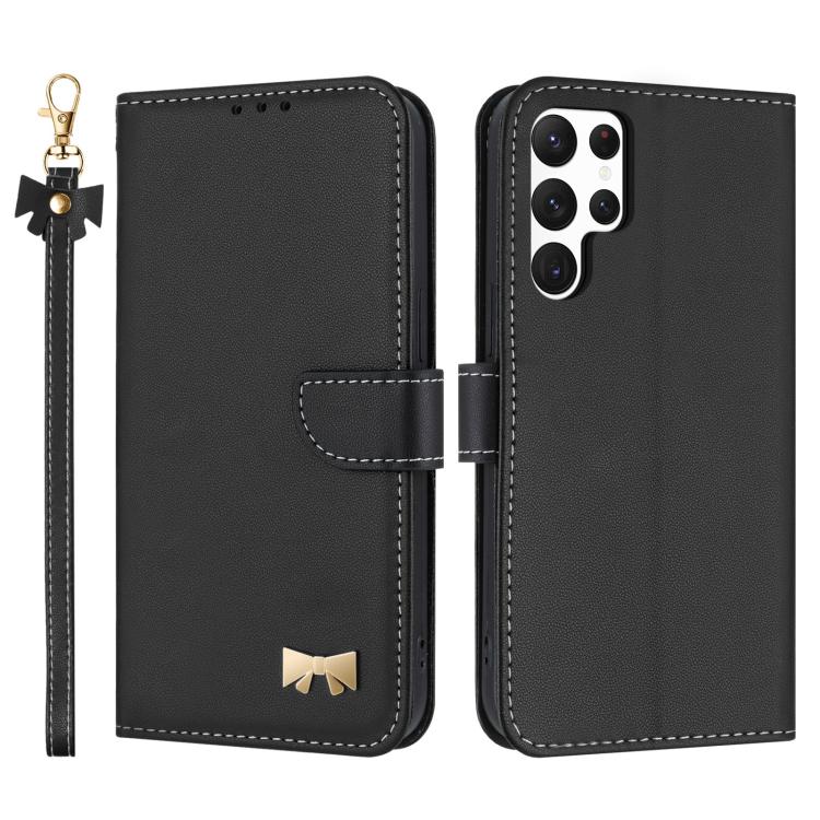 Metal Bow Leather Phone Case with Hand Strap, For Samsung Galaxy S25 Ultra 5G, For Samsung Galaxy S24 FE 5G, For Samsung Galaxy S24 Ultra 5G, For Samsung Galaxy S23 FE 5G, For Samsung Galaxy S23 Ultra 5G, For Samsung Galaxy S23+ 5G                     ...