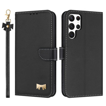 Metal Bow Leather Phone Case with Hand Strap, For Samsung Galaxy S25 Ultra 5G, For Samsung Galaxy S24 FE 5G, For Samsung Galaxy S24 Ultra 5G, For Samsung Galaxy S23 FE 5G, For Samsung Galaxy S23 Ultra 5G, For Samsung Galaxy S23+ 5G                     ...