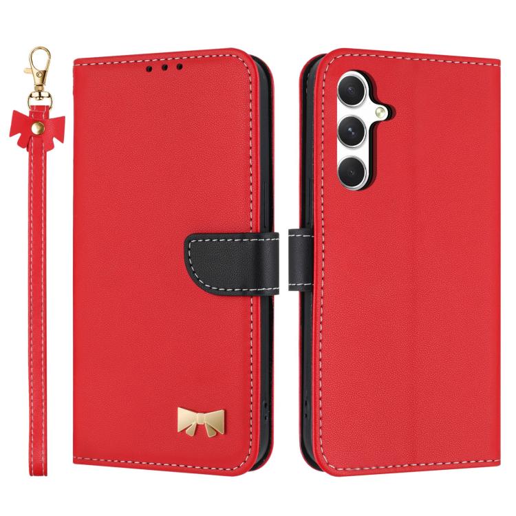Metal Bow Leather Phone Case with Hand Strap, For Samsung Galaxy S25 Ultra 5G, For Samsung Galaxy S24 FE 5G, For Samsung Galaxy S24 Ultra 5G, For Samsung Galaxy S23 FE 5G, For Samsung Galaxy S23 Ultra 5G, For Samsung Galaxy S23+ 5G                     ...