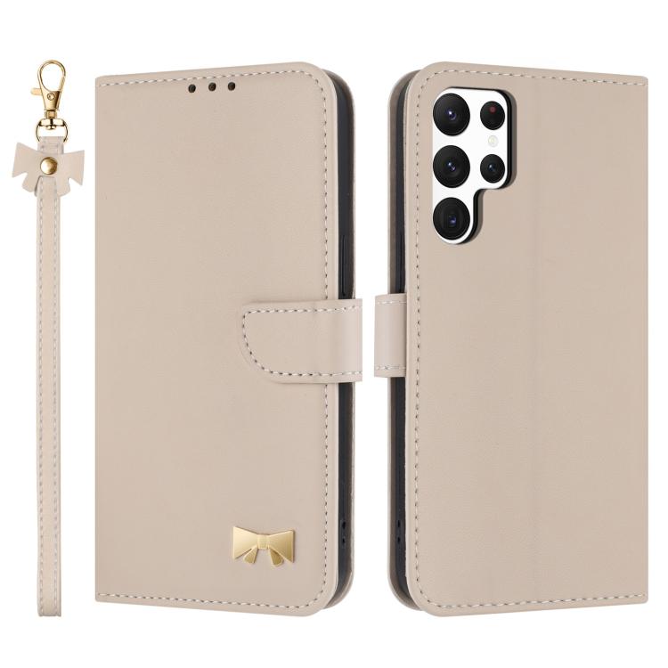 Metal Bow Leather Phone Case with Hand Strap, For Samsung Galaxy S25 Ultra 5G, For Samsung Galaxy S24 FE 5G, For Samsung Galaxy S24 Ultra 5G, For Samsung Galaxy S23 FE 5G, For Samsung Galaxy S23 Ultra 5G, For Samsung Galaxy S23+ 5G                     ...
