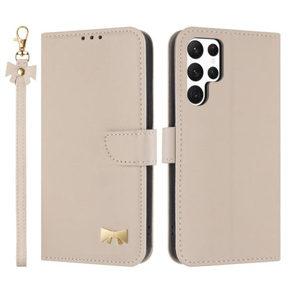 Metal Bow Leather Phone Case with Hand Strap, For Samsung Galaxy S25 Ultra 5G, For Samsung Galaxy S24 FE 5G, For Samsung Galaxy S24 Ultra 5G, For Samsung Galaxy S23 FE 5G, For Samsung Galaxy S23 Ultra 5G, For Samsung Galaxy S23+ 5G                     ...
