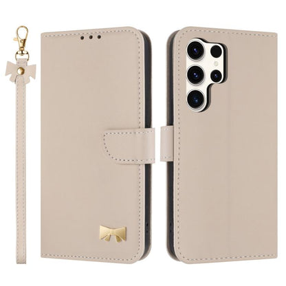 Metal Bow Leather Phone Case with Hand Strap, For Samsung Galaxy S25 Ultra 5G, For Samsung Galaxy S24 FE 5G, For Samsung Galaxy S24 Ultra 5G, For Samsung Galaxy S23 FE 5G, For Samsung Galaxy S23 Ultra 5G, For Samsung Galaxy S23+ 5G                     ...