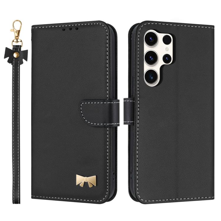 Metal Bow Leather Phone Case with Hand Strap, For Samsung Galaxy S26+ 5G, For Samsung Galaxy S26 Ultra 5G, For Samsung Galaxy S26 5G, For Samsung Galaxy S25 FE 5G, For Samsung Galaxy S25 Edge 5G, For Samsung Galaxy S25 / S24 5G                         ...