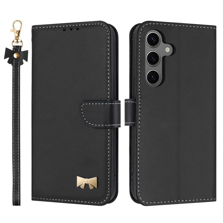 Metal Bow Leather Phone Case with Hand Strap, For Samsung Galaxy S26+ 5G, For Samsung Galaxy S26 Ultra 5G, For Samsung Galaxy S26 5G, For Samsung Galaxy S25 FE 5G, For Samsung Galaxy S25 Edge 5G, For Samsung Galaxy S25 / S24 5G                         ...