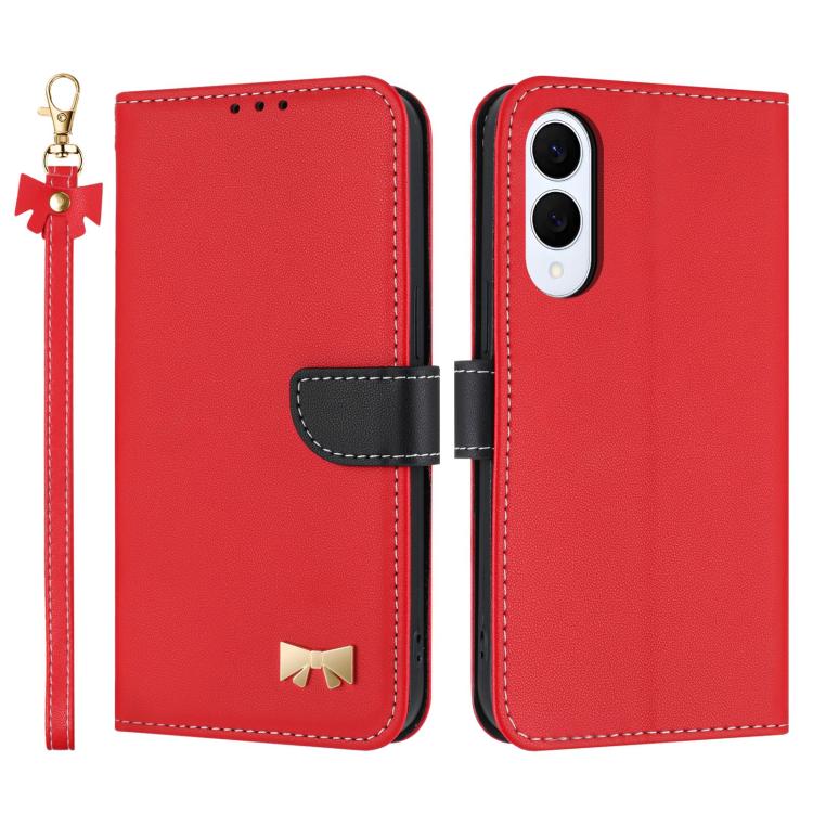 Metal Bow Leather Phone Case with Hand Strap, For Samsung Galaxy S26+ 5G, For Samsung Galaxy S26 Ultra 5G, For Samsung Galaxy S26 5G, For Samsung Galaxy S25 FE 5G, For Samsung Galaxy S25 Edge 5G, For Samsung Galaxy S25 / S24 5G                         ...