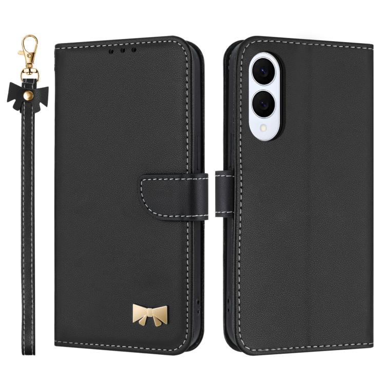 Metal Bow Leather Phone Case with Hand Strap, For Samsung Galaxy S26+ 5G, For Samsung Galaxy S26 Ultra 5G, For Samsung Galaxy S26 5G, For Samsung Galaxy S25 FE 5G, For Samsung Galaxy S25 Edge 5G, For Samsung Galaxy S25 / S24 5G                         ...