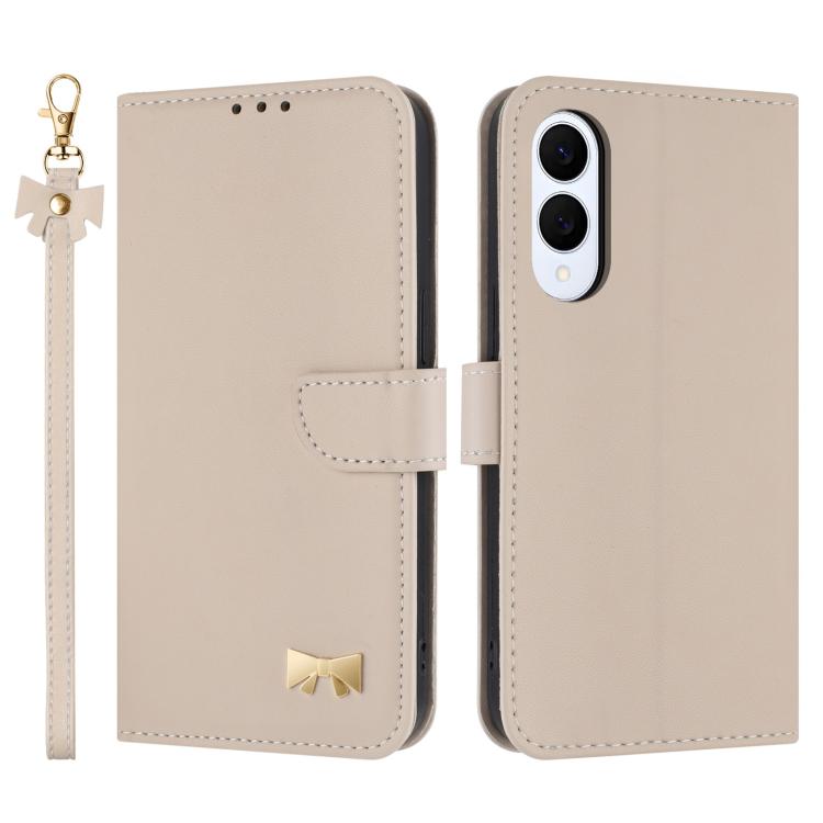 Metal Bow Leather Phone Case with Hand Strap, For Samsung Galaxy S26+ 5G, For Samsung Galaxy S26 Ultra 5G, For Samsung Galaxy S26 5G, For Samsung Galaxy S25 FE 5G, For Samsung Galaxy S25 Edge 5G, For Samsung Galaxy S25 / S24 5G                         ...