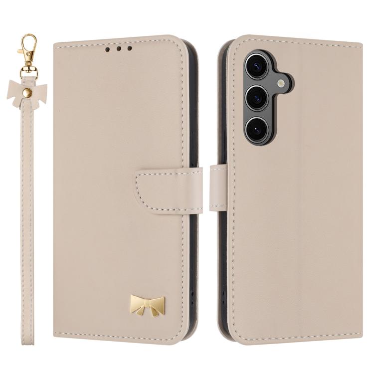 Metal Bow Leather Phone Case with Hand Strap, For Samsung Galaxy S26+ 5G, For Samsung Galaxy S26 Ultra 5G, For Samsung Galaxy S26 5G, For Samsung Galaxy S25 FE 5G, For Samsung Galaxy S25 Edge 5G, For Samsung Galaxy S25 / S24 5G                         ...