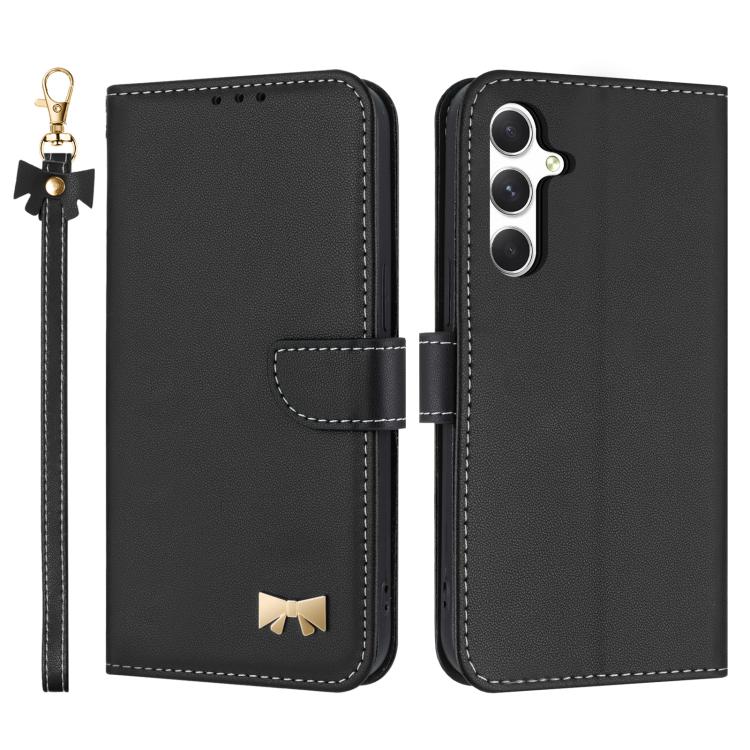 Metal Bow Leather Phone Case with Hand Strap, For Samsung Galaxy S26+ 5G, For Samsung Galaxy S26 Ultra 5G, For Samsung Galaxy S26 5G, For Samsung Galaxy S25 FE 5G, For Samsung Galaxy S25 Edge 5G, For Samsung Galaxy S25 / S24 5G                         ...