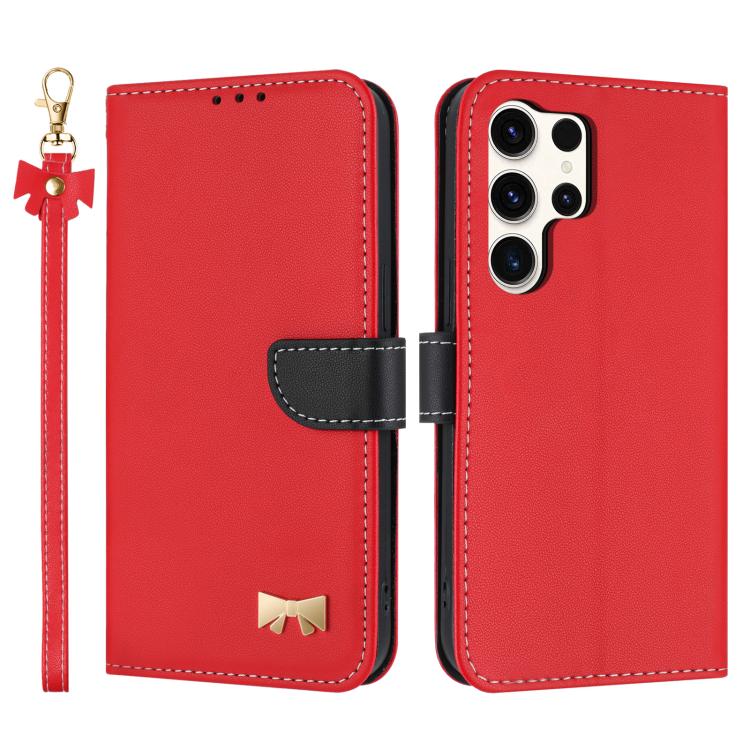 Metal Bow Leather Phone Case with Hand Strap, For Samsung Galaxy S26+ 5G, For Samsung Galaxy S26 Ultra 5G, For Samsung Galaxy S26 5G, For Samsung Galaxy S25 FE 5G, For Samsung Galaxy S25 Edge 5G, For Samsung Galaxy S25 / S24 5G                         ...