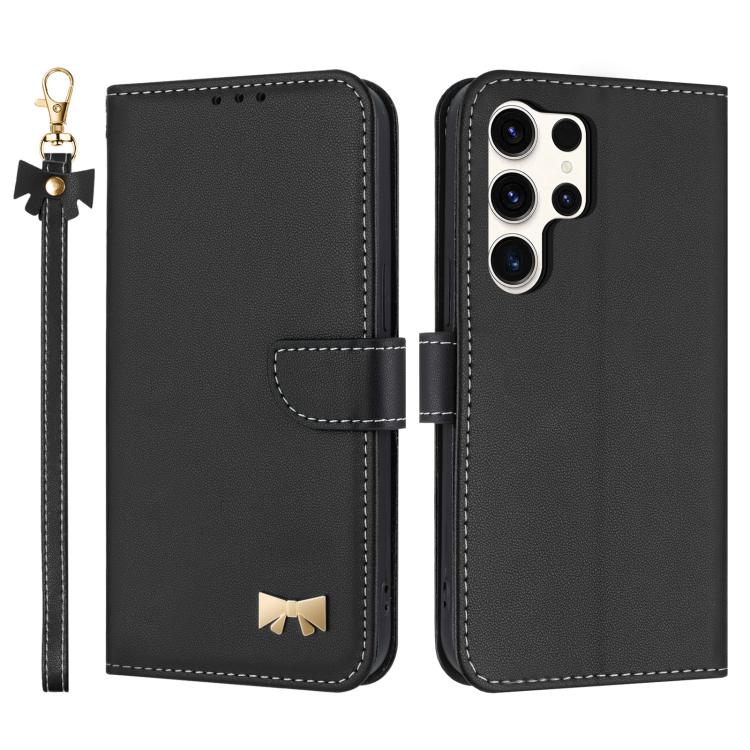Metal Bow Leather Phone Case with Hand Strap, For Samsung Galaxy S26+ 5G, For Samsung Galaxy S26 Ultra 5G, For Samsung Galaxy S26 5G, For Samsung Galaxy S25 FE 5G, For Samsung Galaxy S25 Edge 5G, For Samsung Galaxy S25 / S24 5G                         ...
