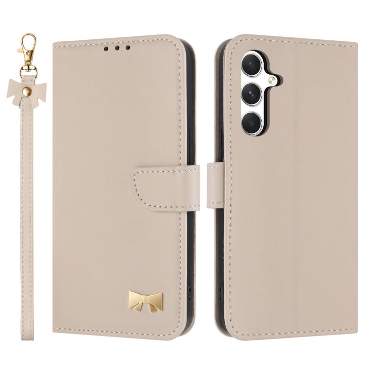 Metal Bow Leather Phone Case with Hand Strap, For Samsung Galaxy S26+ 5G, For Samsung Galaxy S26 Ultra 5G, For Samsung Galaxy S26 5G, For Samsung Galaxy S25 FE 5G, For Samsung Galaxy S25 Edge 5G, For Samsung Galaxy S25 / S24 5G                         ...