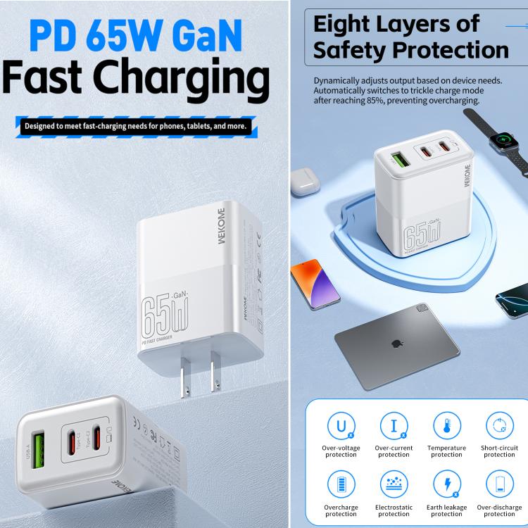 WK WP-U66 Kinkong 65W Dual USB-C / Type-C + USB GaN Fast Charger