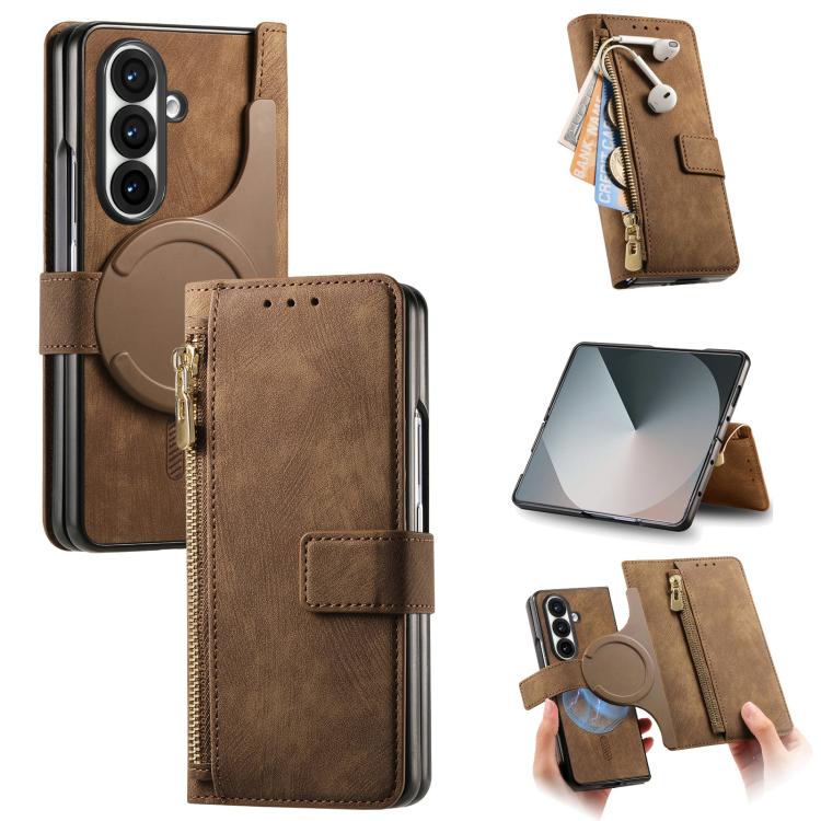Retro MagSafe Magnetic Zipper Wallet Leather Phone Case, For Samsung Galax Z Fold7 5G