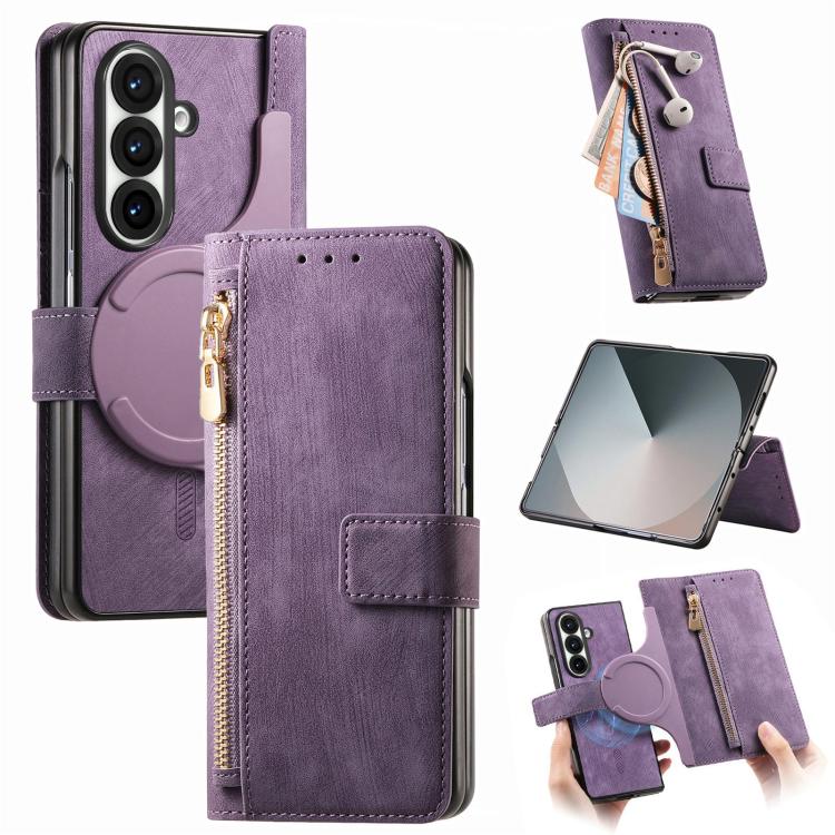 Retro MagSafe Magnetic Zipper Wallet Leather Phone Case, For Samsung Galax Z Fold7 5G