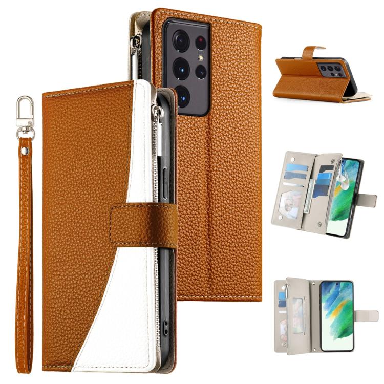 Stitching Multi-card Zipper Wallet Leather Phone Case with Short Strap, For Samsung Galaxy S20 FE, For Samsung Galaxy S22 Ultra 5G, For Samsung Galaxy S22+ 5G, For Samsung Galaxy S22 5G, For Samsung Galaxy S21 FE 5G, For Samsung Galaxy S21 5G          ...