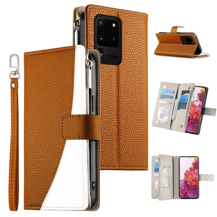 Stitching Multi-card Zipper Wallet Leather Phone Case with Short Strap, For Samsung Galaxy S20 Ultra, For Samsung Galaxy S20, For Samsung Galaxy S20+