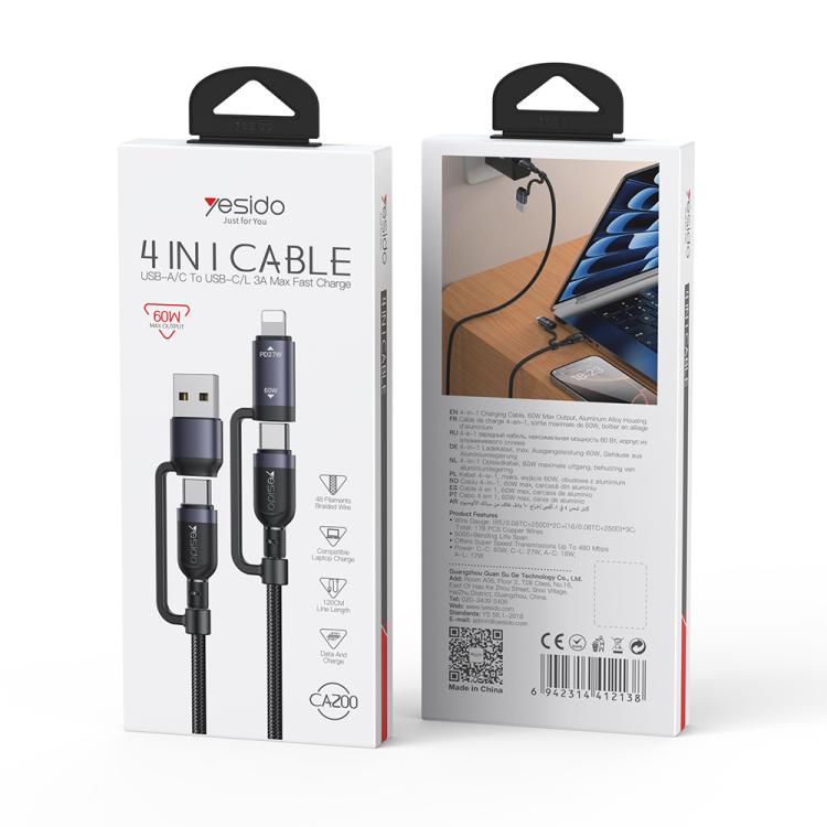 Yesido CA200 1.2m 60W USB / Type-C to Type-C / 8 Pin Fast Charging Data Cable