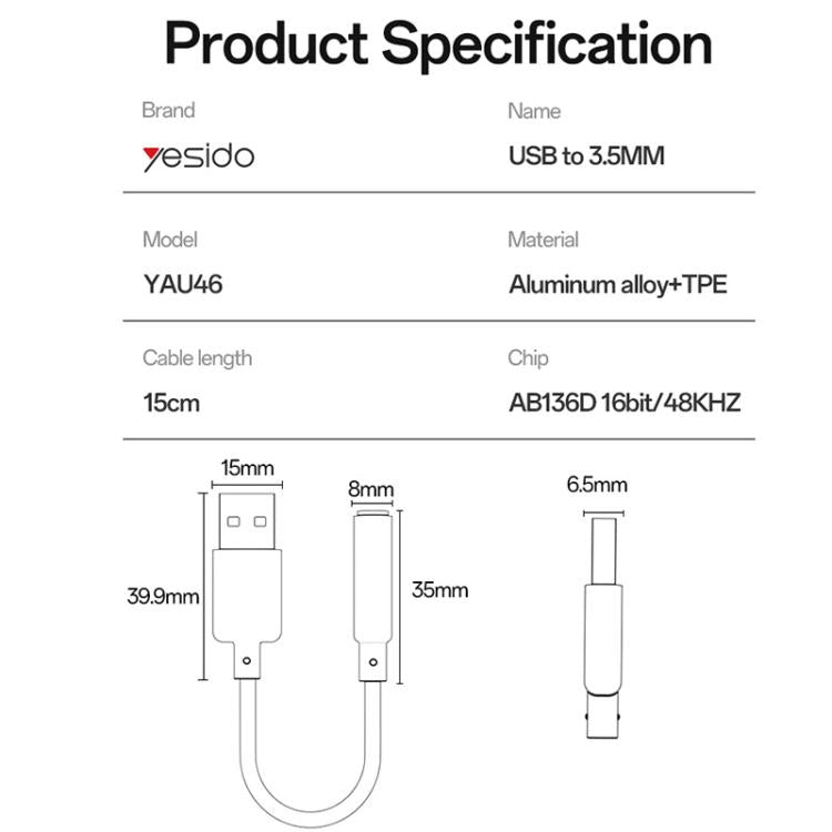 Yesido YAU46 USB to 3.5mm Aluminum Alloy Audio Adapter