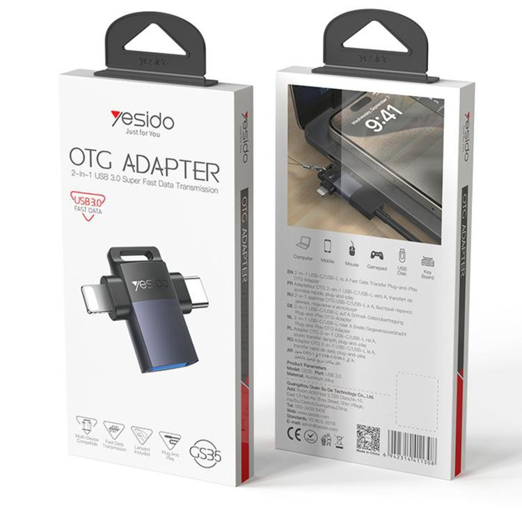 Yesido GS35 2 in 1 USB 3.0 Female to Type-C/8 Pin Male Charging Adapter