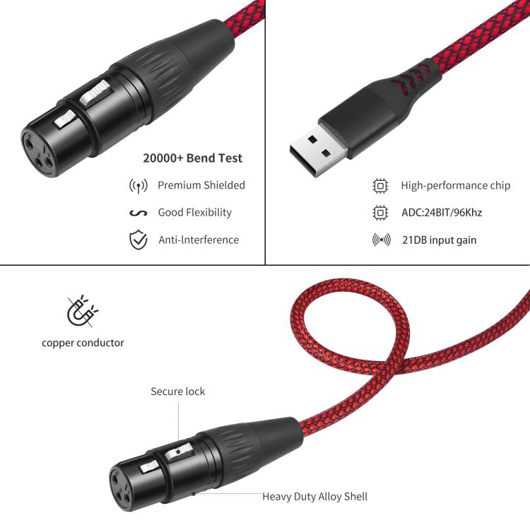 USB-A to XLR Female Audio Recording Cable for Dynamic Microphone