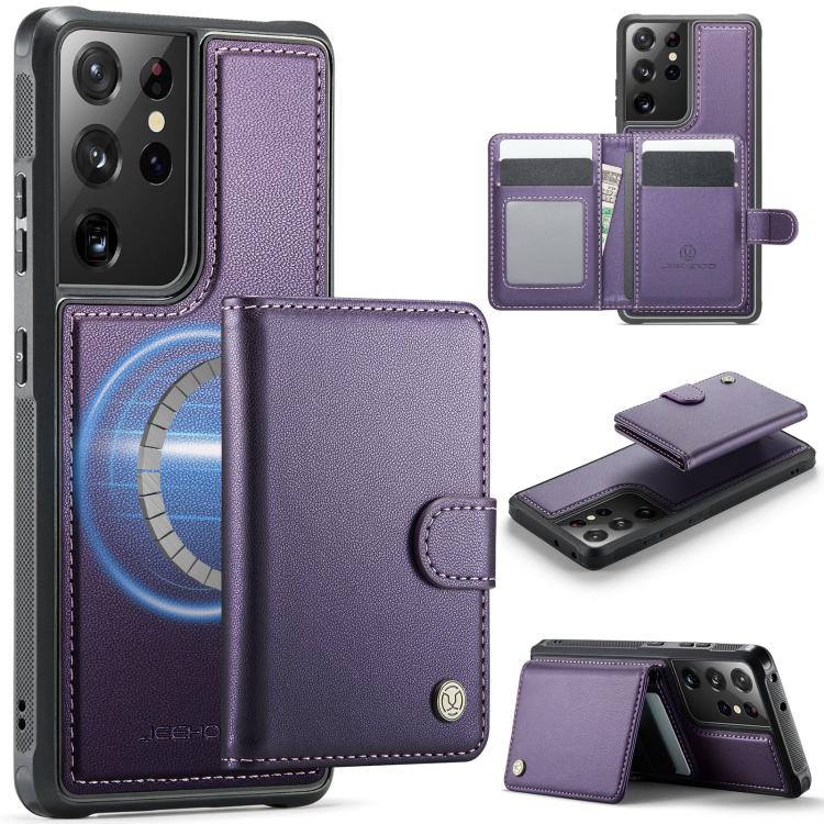 JEEHOOD J09 Buckle Card Bag MagSafe Magnetic Style RFID Leather Phone Case, For Samsung Galaxy S22 5G, For Samsung Galaxy S21 FE 5G, For Samsung Galaxy S21 5G, For Samsung Galaxy S21+ 5G, For Samsung Galaxy S21 Ultra 5G, For Samsung Galaxy S20 FE      ...