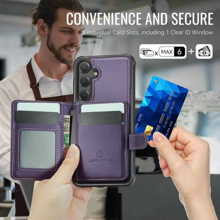 JEEHOOD J09 Buckle Card Bag MagSafe Magnetic Style RFID Leather Phone Case, For Samsung Galaxy S26+ 5G, For Samsung Galaxy S26 Ultra 5G, For Samsung Galaxy S26 5G, For Samsung Galaxy S25 5G, For Samsung Galaxy S25+ 5G, For Samsung Galaxy S25 Ultra 5G  ...