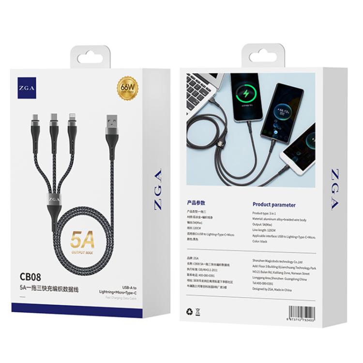 ZGA CB08 5A 3 in 1 USB Fast Charging Braided Data Cable, Length: 1.2m