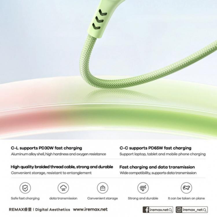 REMAX CB16 PD30W Type-C to 8 Pin Macaron Braided Fast Charging Data Cable, Length: 1.2m