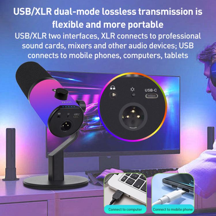 XTUGA ZX-777 XLR / USB-C Dynamic Microphone RGB Light Noise Reduction for Live